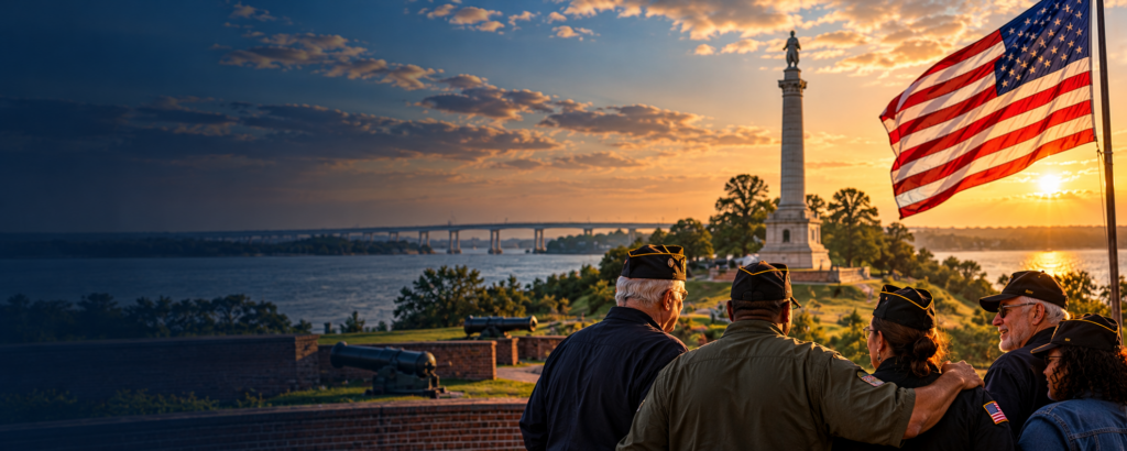 Veterans overlooking the York River near the Yorktown Victory Monument with an American flag.